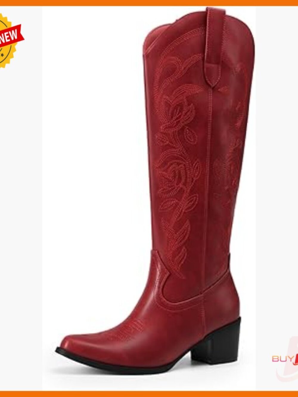 Knee High Cowboy Boots Chunky Heel Square Toe Embroidered Western
